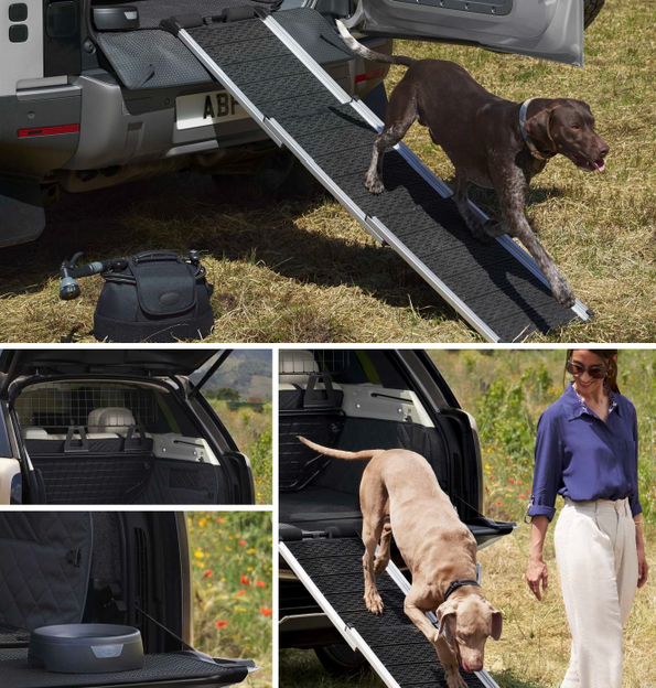 Eine Kollage, die das perfekte Auto für Hundebesitzer darstellt. Man sieht eine Laderampe aus dem Kofferraum mit Hund von einem Ranch Rover sowie eine Darstellung des Kofferraums